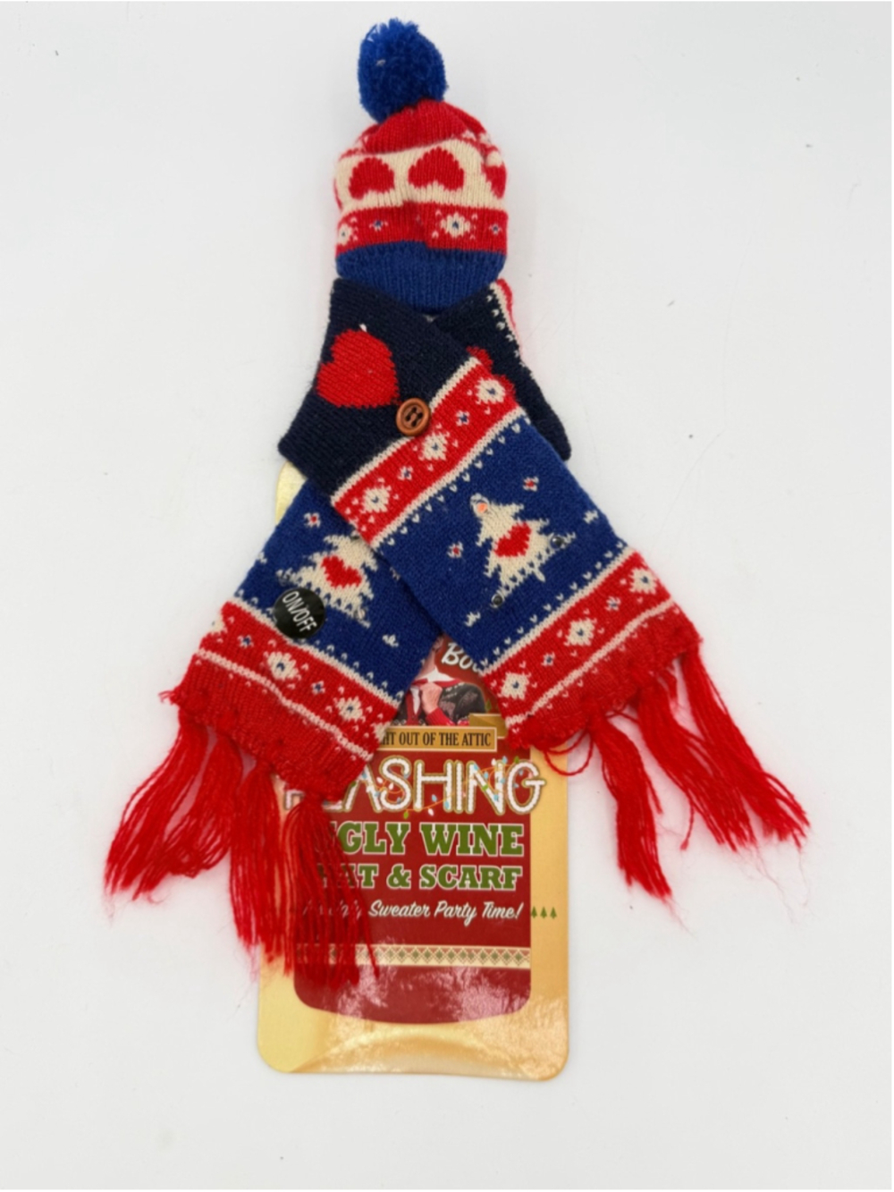 Flashing Ugly Sweater Wine Bottle Hat & Scarf Set LED Christmas